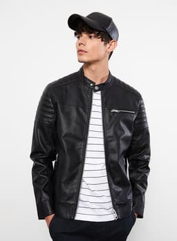 Slim Fit Stand Collar Men's Leather Look Coat 2