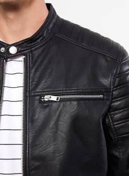Slim Fit Stand Collar Men's Leather Look Coat 5