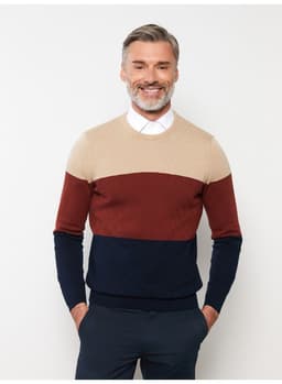 Crew Neck Long Sleeve Men's Tricot Sweater with Color Block 0