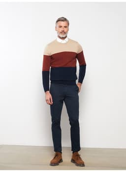 Crew Neck Long Sleeve Men's Tricot Sweater with Color Block 4