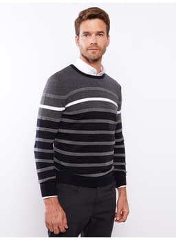 Crew Neck Long Sleeve Striped Men's Tricot Sweater 2